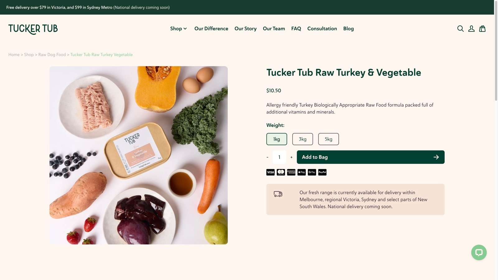 TuckerTub product page for Raw Turkey and Vegetable with weight variants, add to bag, and wallet marks