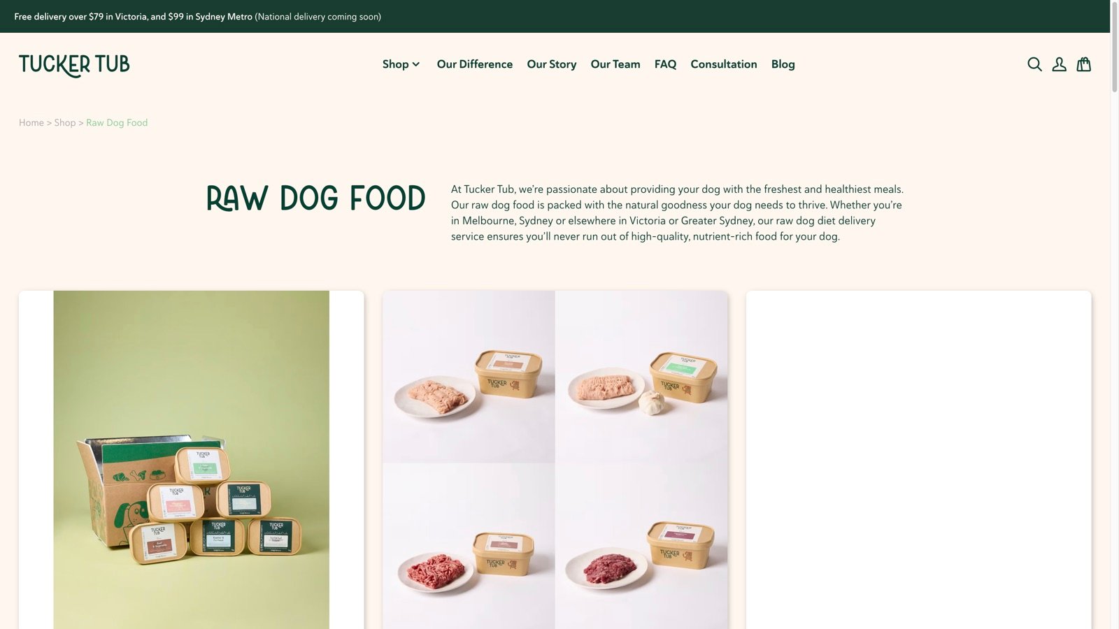 Raw dog food category on TuckerTub, with editorial intro and product photography